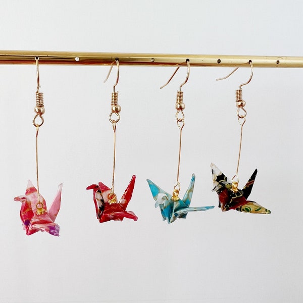 Resin Coated Origami Japanese Paper Crane, Dangled Drop Earrings, Handmade Earrings, more color options, Best Wishes Earrings