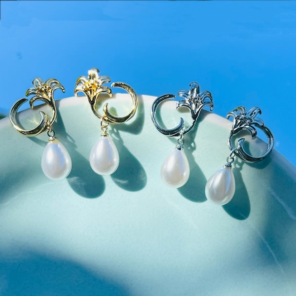 Elegant Golden Lily Flowers with Teardrop Pearls Dangled Studded Earrings Jewelry, Handmade Earrings, Gift for Her, Lily Earrings