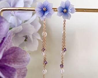 Shrink Plastic Purple Hydrangea Flower Stud with Amethyst Crystal and Pearls Drop Earrings, Handmade Earrings, Flower Earrings, Gift For Her
