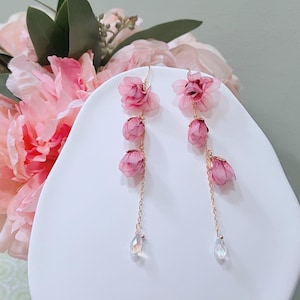 Romantic Pink Flower Dangled Earrings with Crystal Drops, Handmade Earrings, Gift for Her, Romantic Earrings, Elegant Spring Jewelry