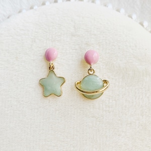 Cute Asymmetrical Enamel Mint Green Star and Planet Drops Pink S925 Studded Earrings, Handmade Sci Fi Earrings, For Sci Fi Fans