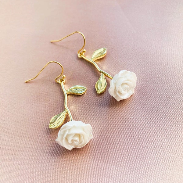 White Rose Flower Gold Plated Dangle Drop Earrings, Handmade Earrings, Gift for Her
