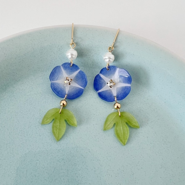 Blue Morning Glory Bell Flower with Leaves Shrink Plastic Dangled Drop Earrings, Handmade Earrings, Gift For Her, Convolvulus Flower