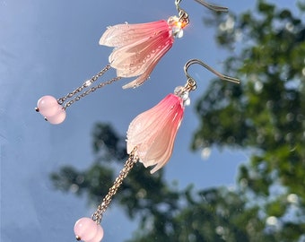 Shrink Plastic Pink Ombré Magnolia Yulan Flowers with Crystal Drops Dangling Earrings, Handmade Earrings, Gift for Her, Flower Earrings