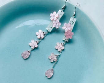 Cherry Blossom Pink Sakura Flower Japanese Long Drop Dangling Earrings, Handmade Earrings, Aesthetic Earrings, Kawaii Earrings, Gift For Her