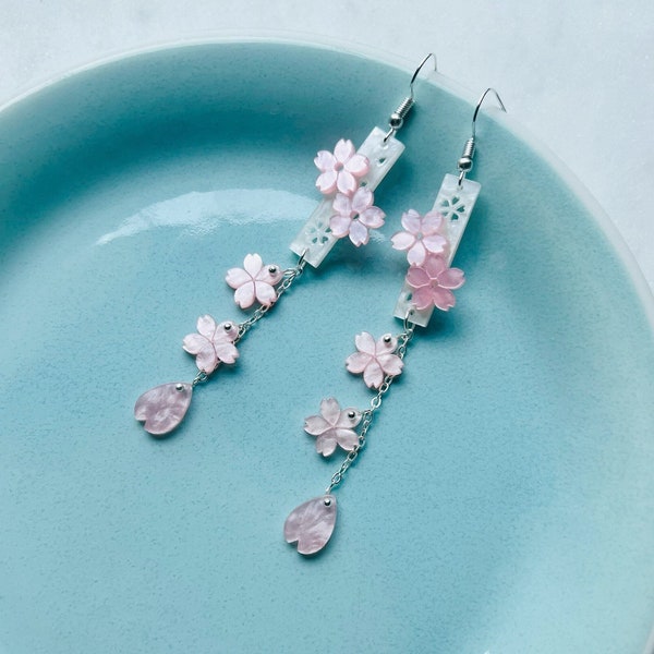 Cherry Blossom Pink Sakura Flower Japanese Long Drop Dangling Earrings, Handmade Earrings, Aesthetic Earrings, Kawaii Earrings, Gift For Her