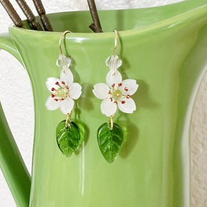 Cherry Blossom White Sakura Flower with Leaves Drop Japanese Earrings, Handmade Earrings, Aesthetic Earrings, Kawaii Earrings, Gift For Her