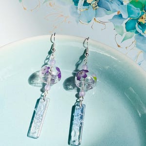 Japanese Wind Chime Furin Glass Pink or Purple Sakura Cherry Blossom Flower Dangling Drop Earrings, Handmade Earrings, Gift for Her