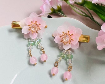 Shrink Plastic Pink Cherry Blossom Sakura Flowers with Crystal Drops Hair Clip, Aligátor Clip, Handmade Hair Accessories, Gift for Girls