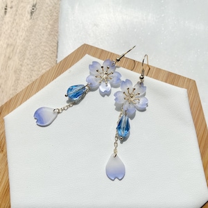 Cherry Blossom Blue White Sakura Flower Petals with Crystal Drops Dangle Drop Earrings, Handmade Earrings, Gift For Her