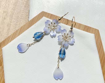 Cherry Blossom Blue White Sakura Flower Petals with Crystal Drops Dangle Drop Earrings, Handmade Earrings, Gift For Her