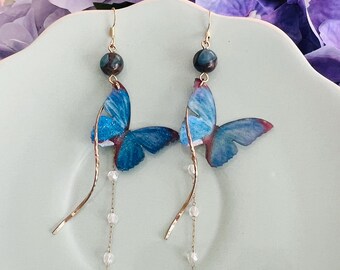 Blue Butterfly Earrings, Morpho Helena Butterfly with Crystals Dangled Drop Earrings, Handmade Earrings, Gift For Her, Statement Earrings