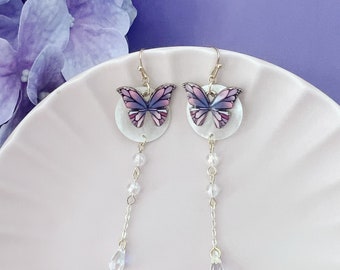 Enamel Purple Pink Butterfly on Natural Shell piece with Crystal Drops Dangled Earrings, Handmade Earrings, Butterfly Earrings, Gift For Her