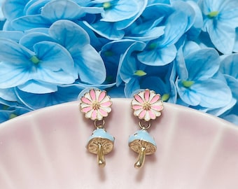 Enamel Cute Daisy Flowers with Blue Mushroom Drops Studded Earrings, Handmade Earrings, Mushroom Earrings, Gift for Her, Cute Stud Earrings