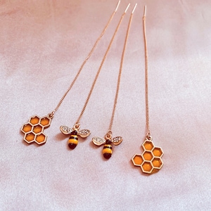 Enamel Bee and Gel filled Beehive Honeycomb Threader Earrings, Handmade Ear Threaders, Handmade Earrings
