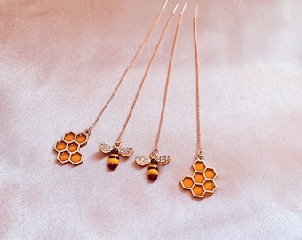 Enamel Bee and Gel filled Beehive Honeycomb Threader Earrings, Handmade Ear Threaders, Handmade Earrings