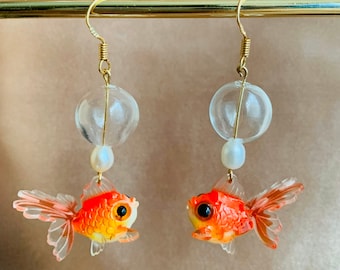 Red Goldfish Koi Fish Dangled Drop Earrings with Glass Bubbles and Fresh Water Pearls, Fish Lovers Gift, Fun Handmade Earrings