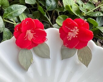 Shrink Plastic Red Camellia Flower Japanese Stud Earrings/Hair Clip, Handmade Earrings, Aesthetic Earrings, Gift For Her, Japanese Camellia