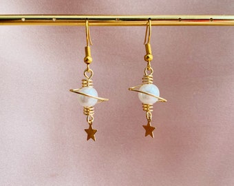 Pearl Planets Galaxy with Golden Star Drops Dangled Earrings, Handmade Sci Fi Earrings, For Sci Fi Fans