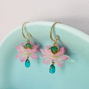 Shrink Pink Lotus Flower with Seedpod and Teal Crystal Drop Dangled Earrings, Gift for Her, Handmade Earrings, Zen Earrings, Zen Gift