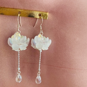 Pink White Gold Lotus Flowers with Crystal Dew Drop Silver/Gold Dangled Drop Earrings, Zen Gift, Handmade Earrings, Buddhism Zen Jewelry