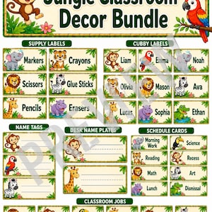 May include: A jungle-themed classroom decor bundle featuring labels, name tags, desk plates, and schedule cards. Each item displays illustrations of animals like monkeys, parrots, tigers, and elephants, with text including 'Jungle Classroom Decor Bundle'.