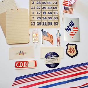 Lot de 16 scrapbooking vintage patriotique du 4 juillet pour scrapbooking, journaux indésirables, fabrication de drapeaux, cartes de bingo, ruban, cartes de l'oncle Sam, découpées à l'emporte-pièce
