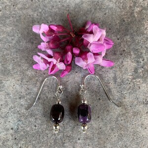 May include: A pair of dangle earrings with dark purple and black rectangular beads. The earrings have silver-colored hooks and small silver beads. Pink flowers are in the background, resting on a gray surface.