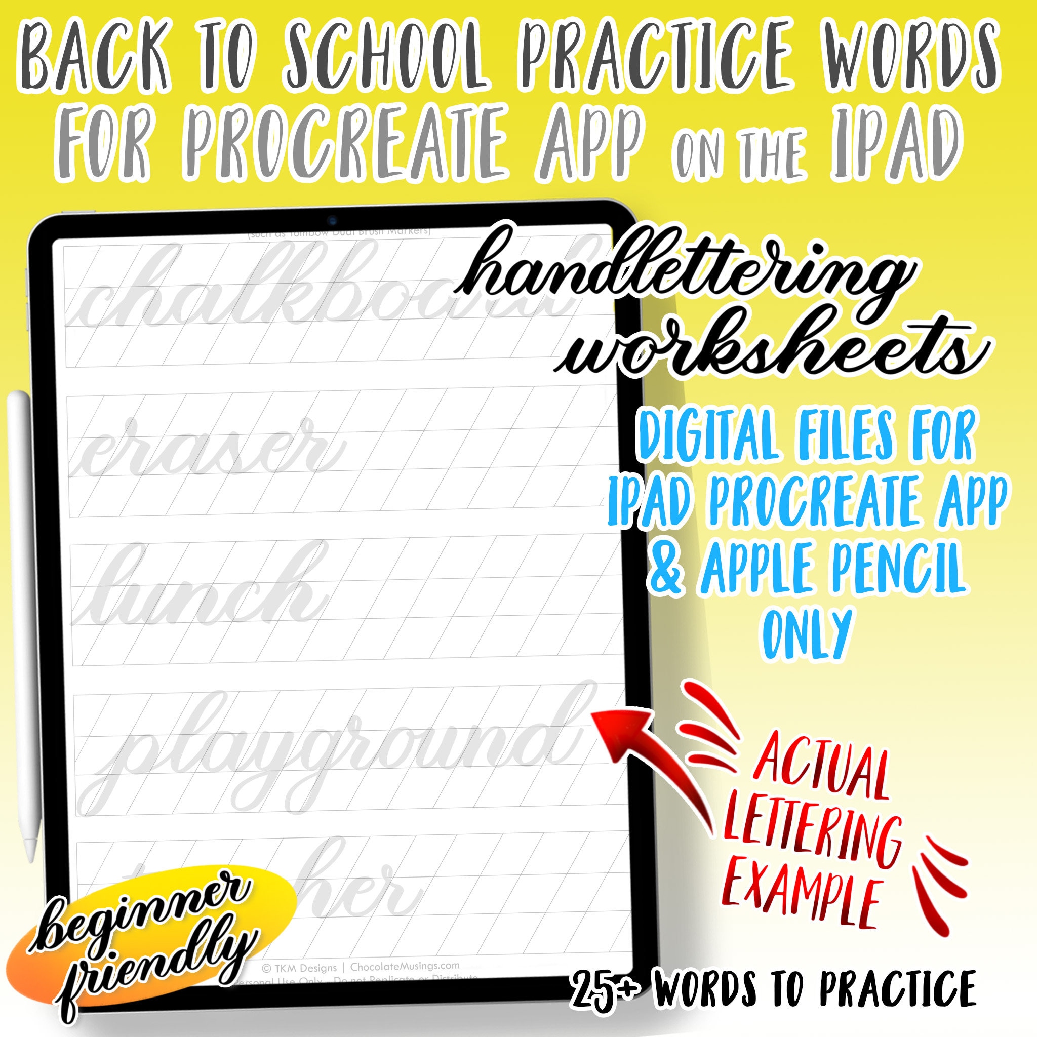 DIGITAL Back-to-School Words Procreate (iPad) Lettering Worksheets - Modern Calligraphy/Hand Lettering Worksheets Includes 2 Practice Sizes