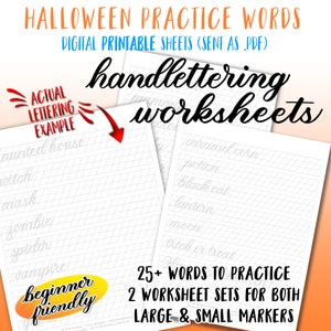 Halloween Words Printable Practice Lettering Digital Worksheets -  w/BOTH Small & Large Markers - Modern Calligraphy/Hand Lettering