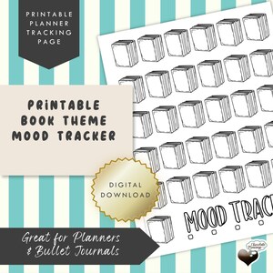 May include: A printable planner tracking page featuring a book theme mood tracker. The design includes rows of hand-drawn book illustrations on a white background. Text on the page reads: PRINTABLE PLANNER TRACKING PAGE, PRINTABLE BOOK THEME MOOD TRACKER, DIGITAL DOWNLOAD, MOOD TRACKER, and Great for Planners & Bullet Journals.