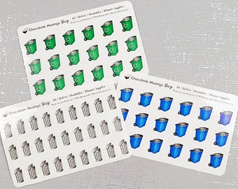 Trash Can/Garbage Bin/Recycle Bin Planner Sticker Icons - Hand Illustrated Reminder Stickers - Chore Stickers for Planners and Calendars