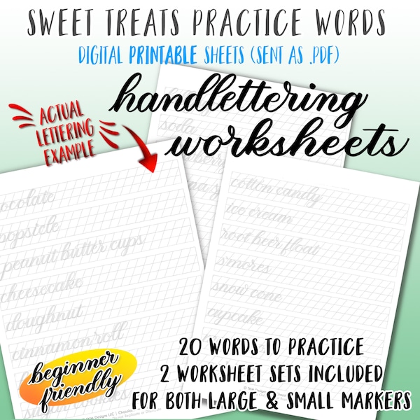 Printable Brush Marker Digital Worksheets - 20 Sweet Treat Words with BOTH Small & Large Marker Practice - Modern Calligraphy/Hand Lettering