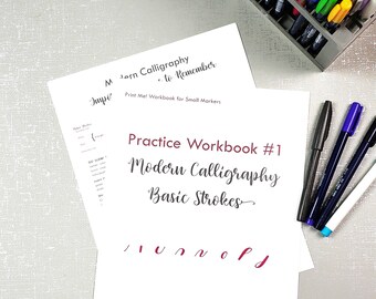 May include: A printable workbook titled "Practice Workbook #1 Modern Calligraphy Basic Strokes" with instructions for learning calligraphy. The workbook includes a list of basic strokes and a sample of each stroke in burgundy ink.