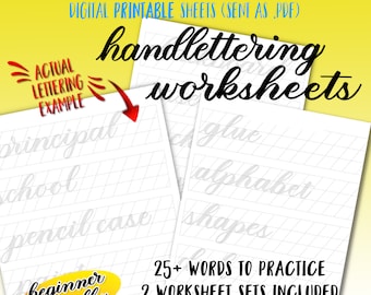 25+ Back-to-School Wörter druckbare Übungsbeschriftung Digitale Arbeitsblätter - mit kleinen und großen Markern - moderne Kalligraphie/Handbeschriftung