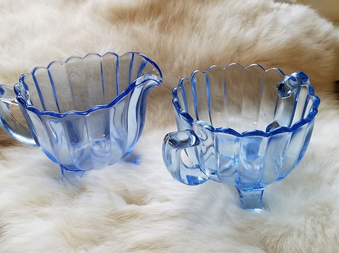 Splendid Blue Glass Sugar and Creamer Set 1940's Etsy