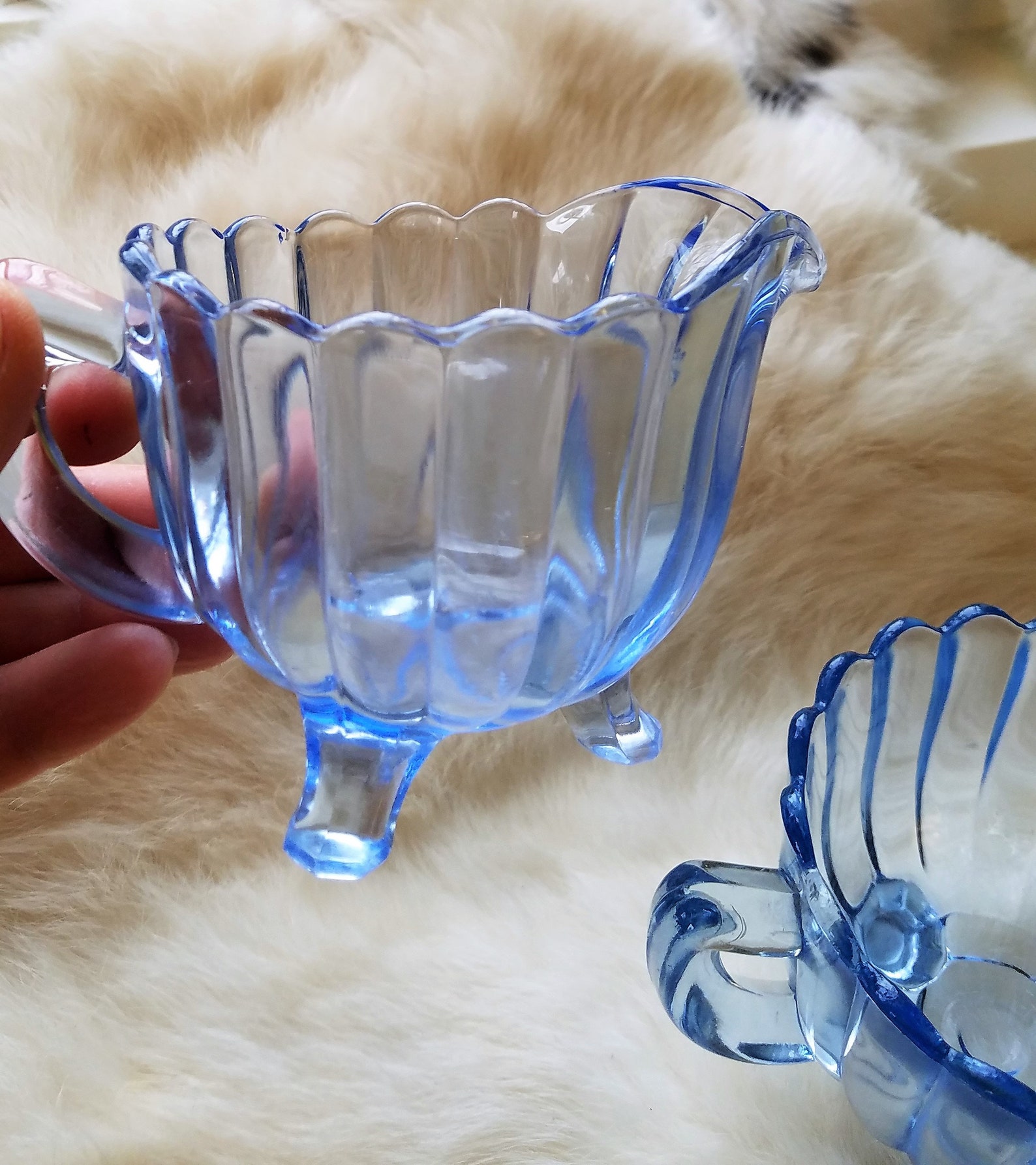 Splendid Blue Glass Sugar and Creamer Set 1940's Etsy