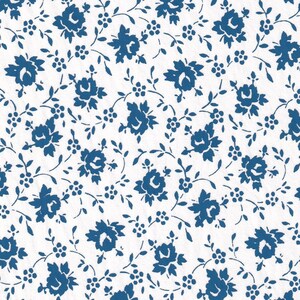 Può includere: Uno sfondo bianco con un motivo ripetitivo di disegni floreali blu. I fiori sono stilizzati e hanno un design semplice.