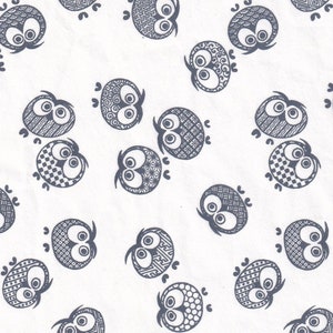 May include: A white background is covered with a repeating pattern of stylized owl illustrations. Each owl is dark gray with large, round eyes and various patterned details on its body, including swirls, checks, and geometric shapes. The owls are oriented in different directions.