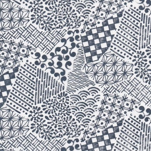 May include: A seamless pattern featuring a variety of traditional Japanese geometric designs in shades of blue on a white background. The patterns include waves, flowers, stars, and chequered squares.