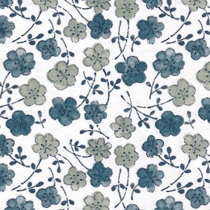 May include: A white background with a repeating pattern of blue and green flowers. The flowers are stylised and have a watercolour effect.