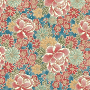 May include: A seamless pattern featuring a variety of flowers in shades of pink, red, yellow, and blue on a teal background. The flowers are stylised and have a vintage look.