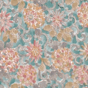 May include: A repeating pattern with stylized floral elements in pink, peach, and tan against a teal background. The design includes detailed flowers, leaves, and swirling vines, creating a textured, vintage aesthetic.