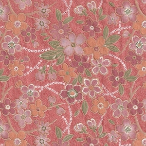 May include: A pink and orange floral pattern on a red background. The flowers are embossed and have a textured look.