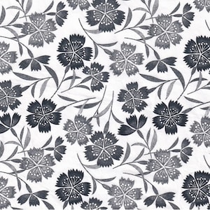 Puede incluir: Un patrón sin costuras con claveles estilizados en blanco y negro sobre un fondo blanco.