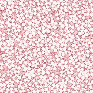 Könnte beinhalten: Ein weißer Hintergrund mit einem sich wiederholenden Muster aus roten Kirschblüten. Die Kirschblüten sind weiß umrandet und haben eine gepunktete Textur.