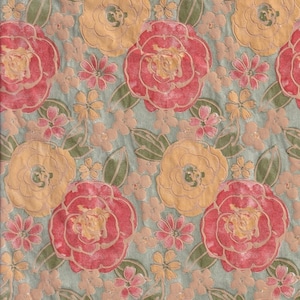 May include: Vintage floral patterned wrapping paper with a light blue background, featuring pink and yellow flowers with green leaves.