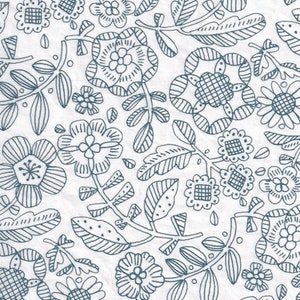 May include: A seamless pattern featuring a variety of stylized floral designs in shades of blue on a white background. The pattern includes flowers, leaves, and stems.