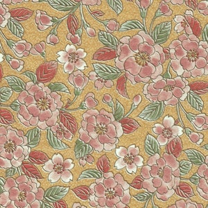 May include: A seamless pattern featuring pink and white flowers with green leaves on a gold background.