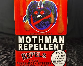 May include: A red metal can labeled "Mothman Repellent" with a cartoon moth creature illustration. The can features text that reads "Repels winged human-moth hybrids, terrestrial and alien" and "Effective also for giant bipedal apes, goblins, frog & goatmen, squonks."